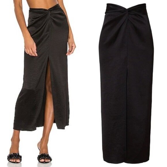 Nanushka Samara Satin Slit Skirt M Black Midi Front Knot High Waisted - Picture 1 of 12